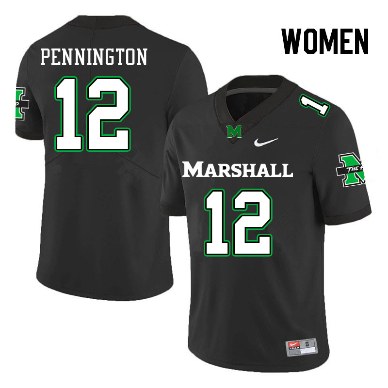 Women #12 Cole Pennington Marshall Thundering Herd College Football Jerseys Stitched-Black - Click Image to Close